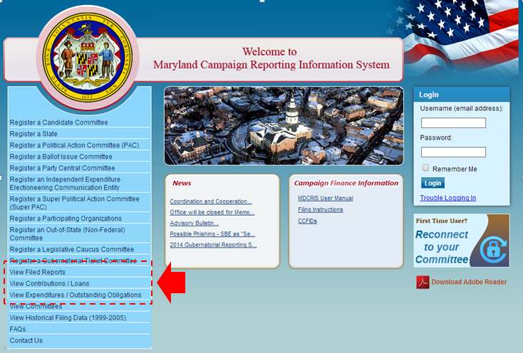Maryland Campaign Reporting Information System Screenshot of Homepage